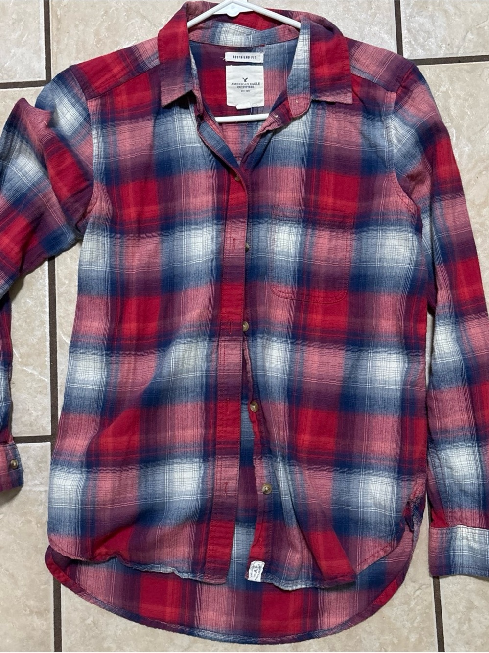 American Eagle Outfitters Red, Blue & White Plaid Boyfriend Shirt